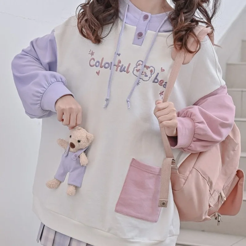 

Толстовки с японским медведем и цветными блоками женские новые осенние свободные милые толстовки женские милые корейские стильные кавайны...