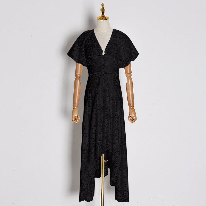 

VGH Hollow Out White Dress For Women V Neck Short Sleeve High Waist Irregular Hem Elegant Dresses Female 2020 Fashion New Style