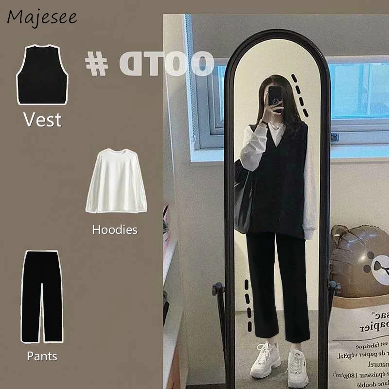 Women Sets Students Solid Preppy Style Black Vests Loose Casual Pants Simple Harjuku White Hoodies Korean Daily Ulzzang Trendy