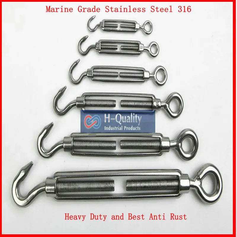 

HQ MT01 Marine Grade Stainless Steel 316 Hook & Eye Turnbuckles Rigging Hardware Wire Rope Tension M4-M24
