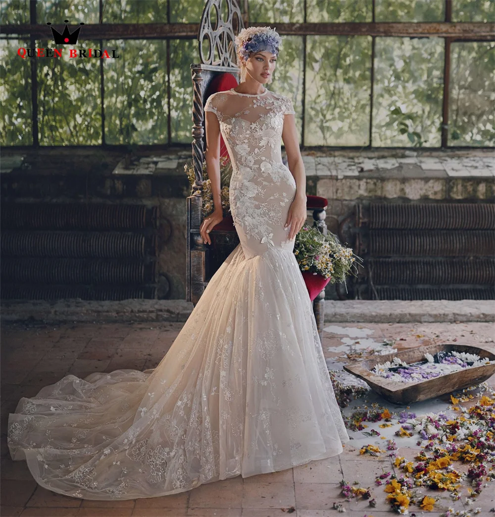 

Sexy Wedding Dresses Mermaid Tulle Lace Flowers Crystal 2022 New Fashion Long Formal Bridal Gown JY60