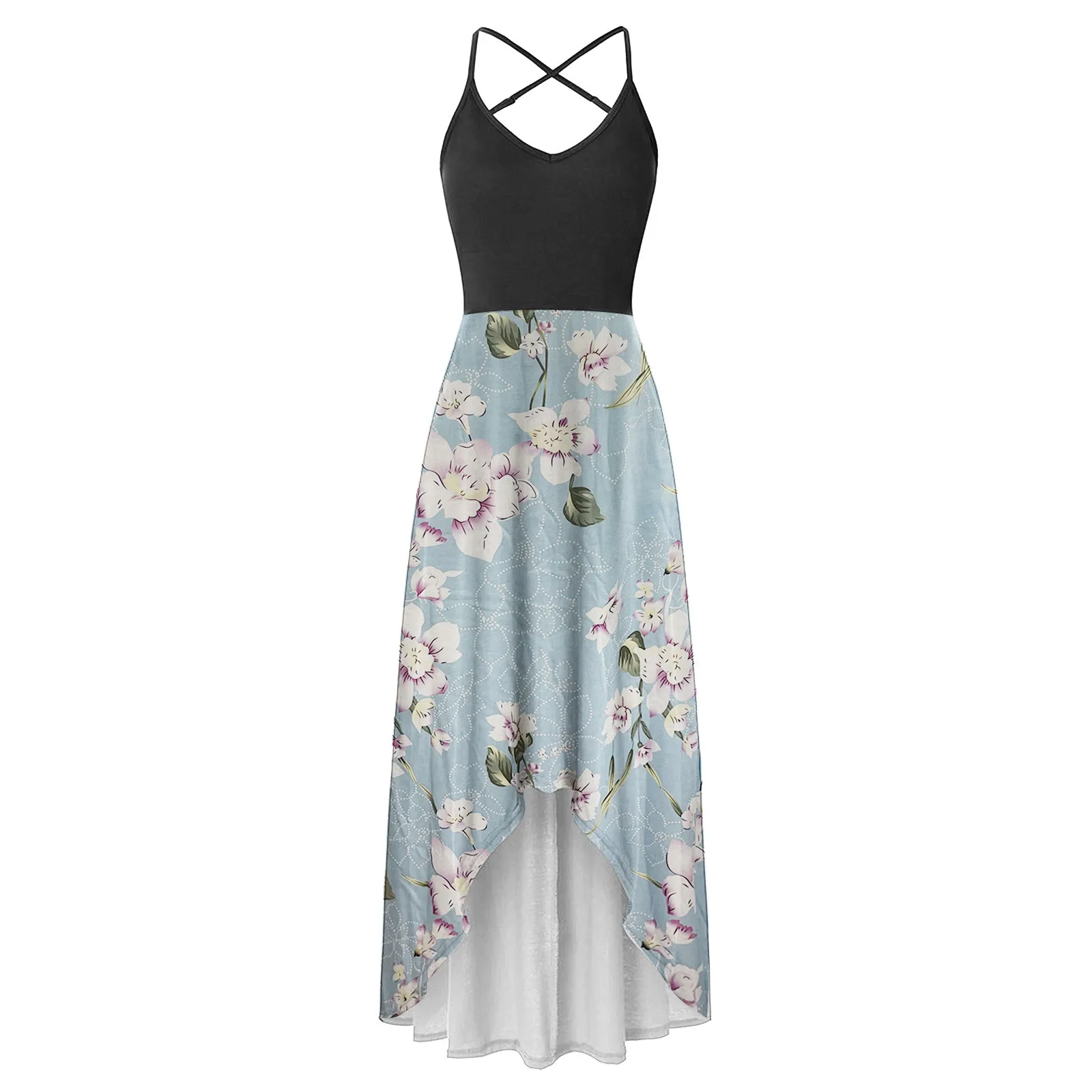 

40# Floral Printed Halter Dress Woman Sleeveless V-neck Strap Summer Dress 2021 Vintage Asymmetrical Ankle Length Slender Robe