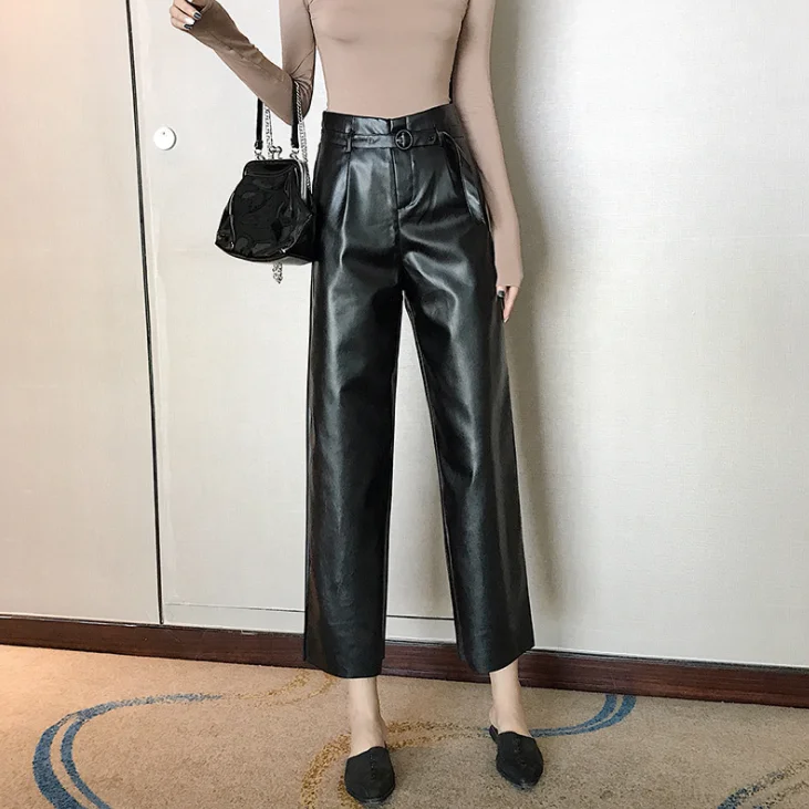 Autumn Faux PU Leather Pants Women With Belt High Waisted Wide Leg Anke-length Women's Trousers 2019 Winter NEW Fashion Clothes |