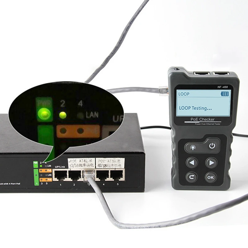 HOT-Tester Inline Tester Power over Ethernet Voltage Current Tester Test for POE Testing Network Cable Continuity Checking