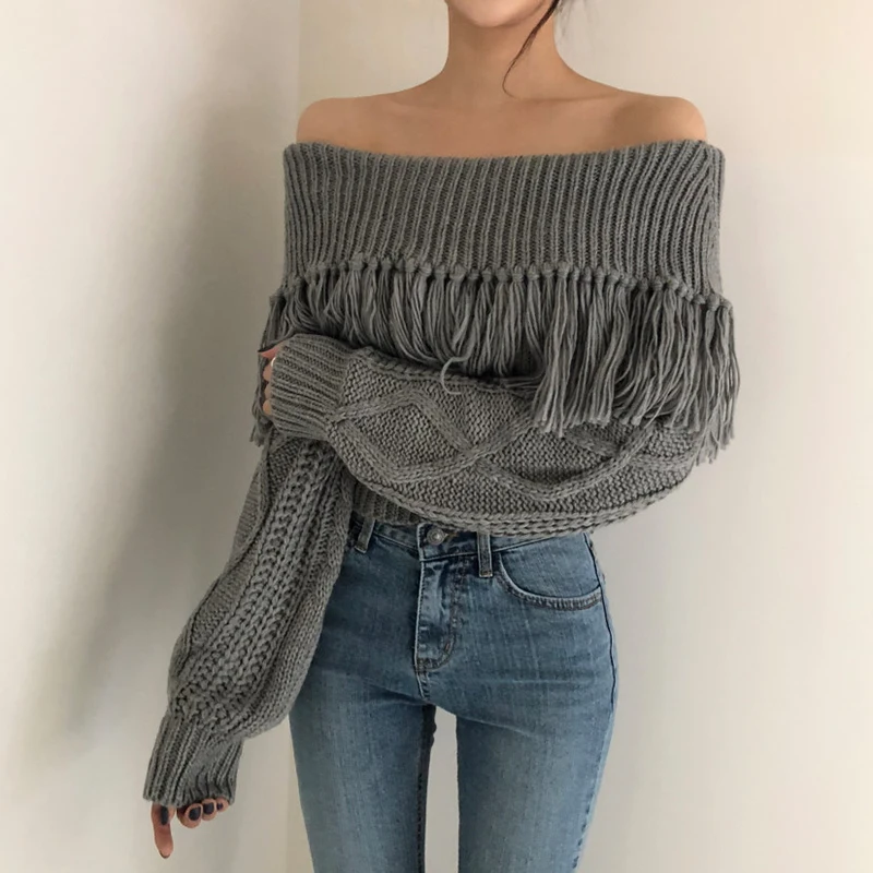 Woherb Sexy Off Shoulder Tassel Sweater Women Loose Long Sleeve Twist Knitted Pullovers 2021 Vintage Korean Crop Sweaters Jumper | Женская