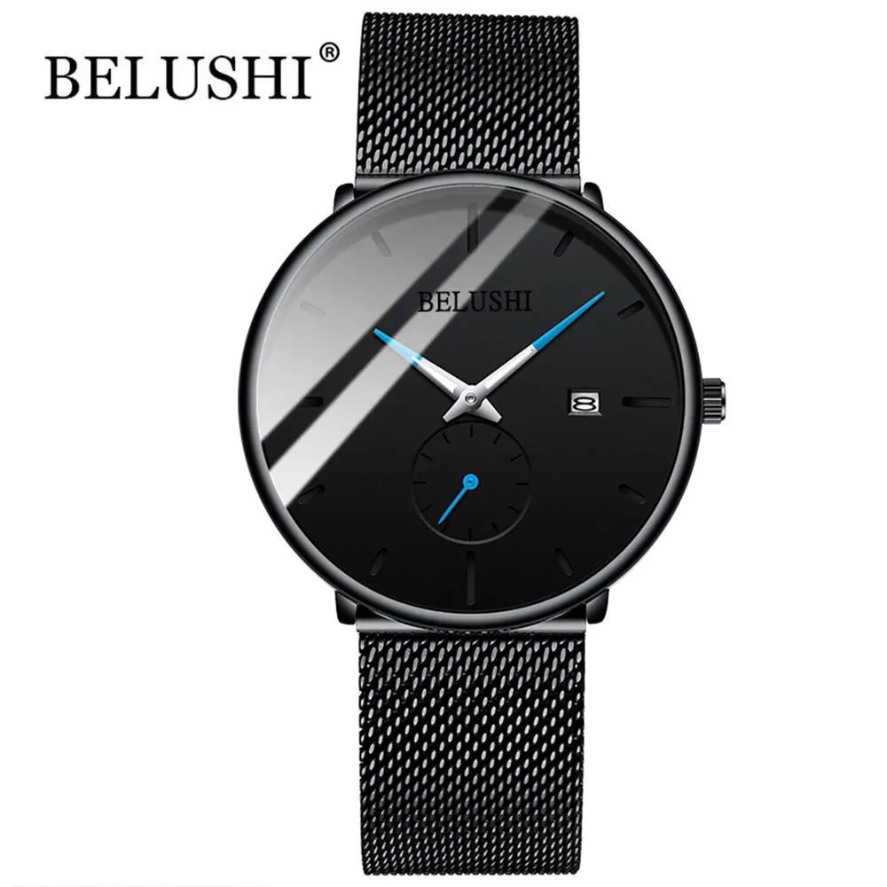 Belushi Man Watch 2019 Luxury Brand Stainless Steel Quartz Men Waterproof Black Date Ultra Thin Watches For Relogio | Наручные часы