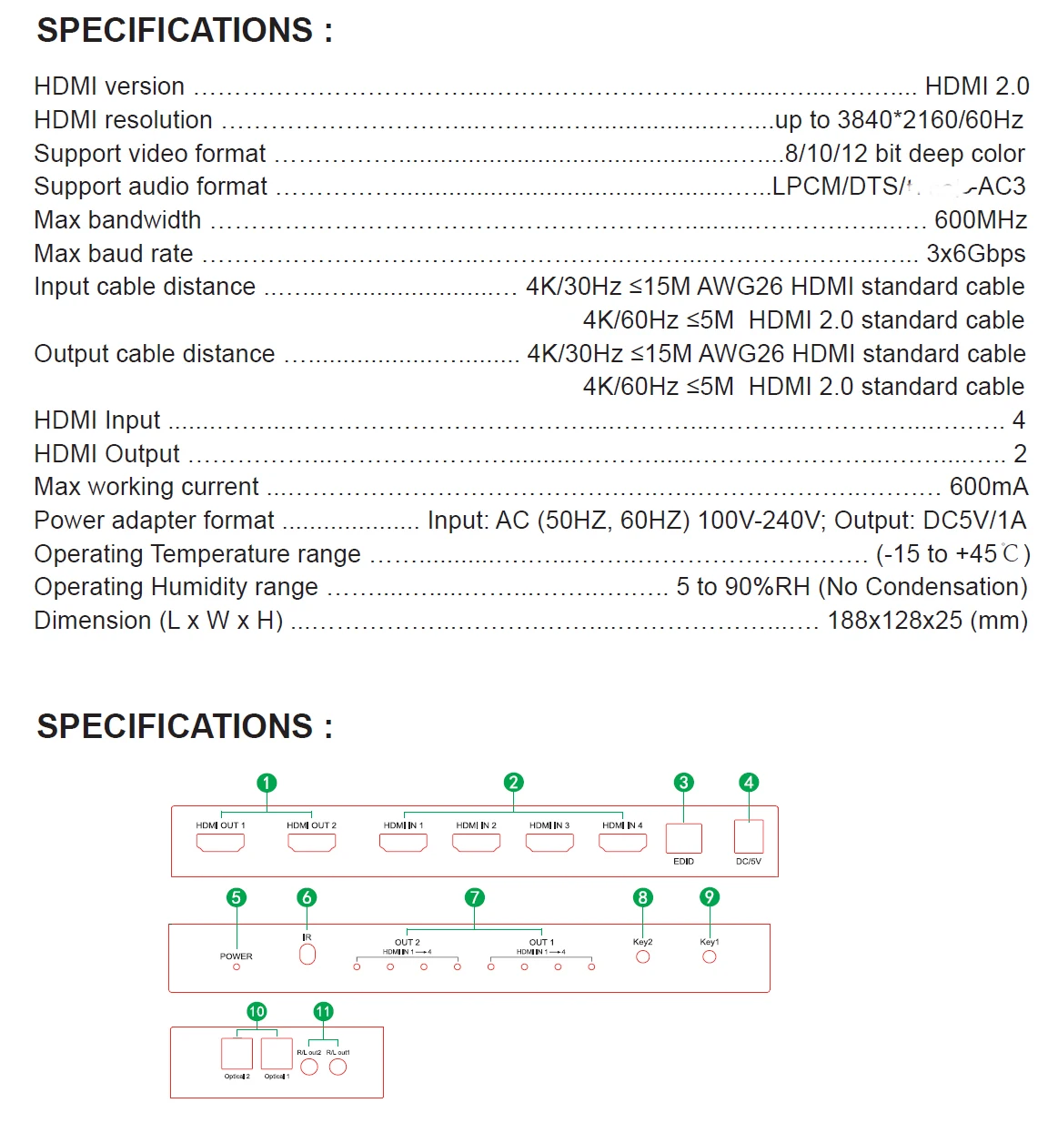 HDMI Matrix 4x2 HDMI 2,0 4K 60Hz HDMI EDID сплиттер матрицы поддержка двойного аудио выхода оптическим и стерео HDMI 2,0/3D/4 K