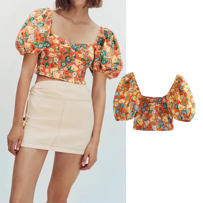 

Женский топ PPYQYKX Za, с цветочным принтом и коротким рукавом, ретро Топ с квадратным воротником и пышными рукавами, вечерние, на лето, 2021