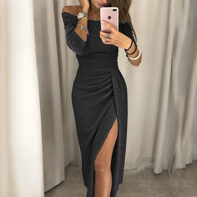 Женское блестящее платье Vestido сексуальное с вырезом лодочкой вечерние платья