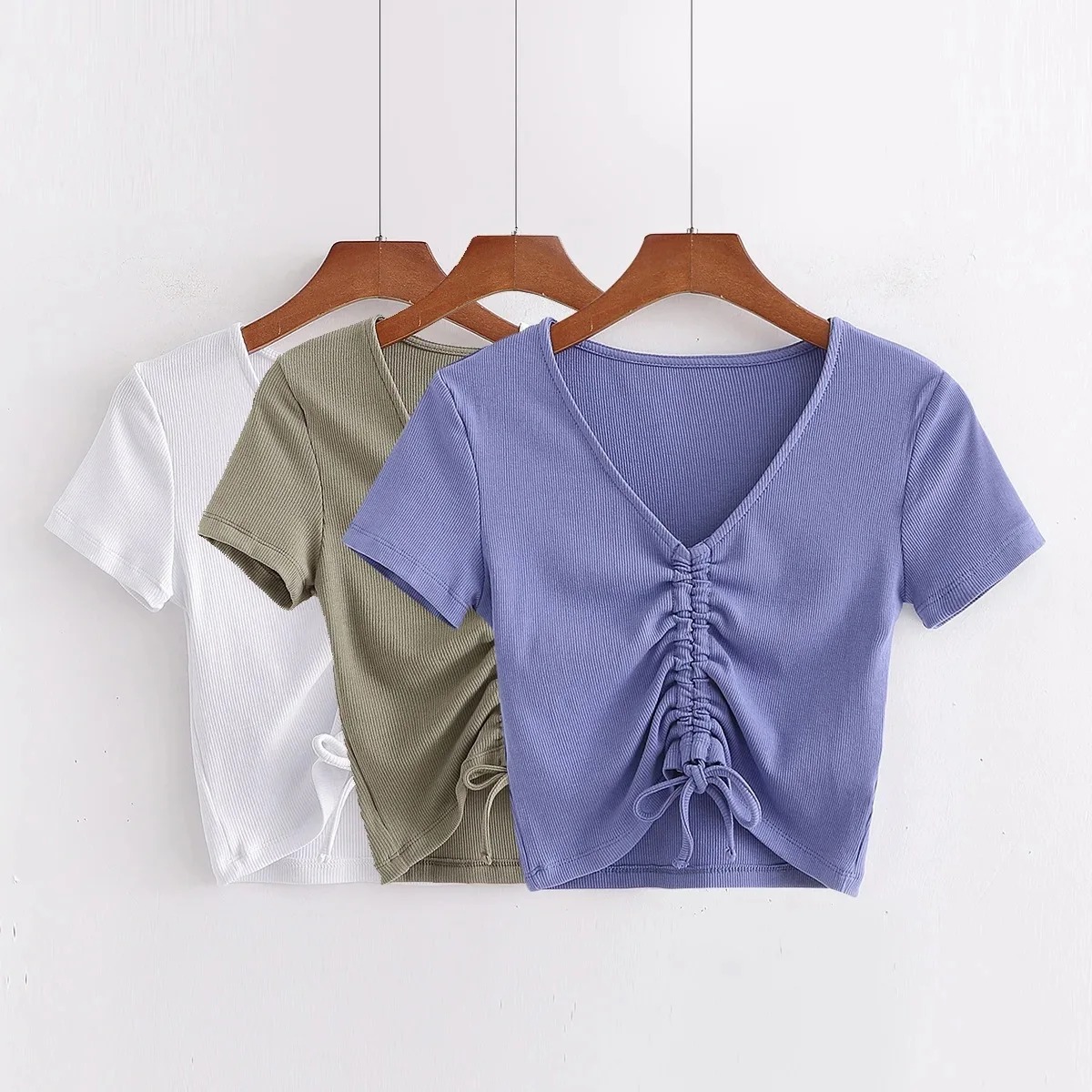 

Fashion Solid Color Pleated Drawstring V-Neck Sexy Short Sleeve T-Shirt Women