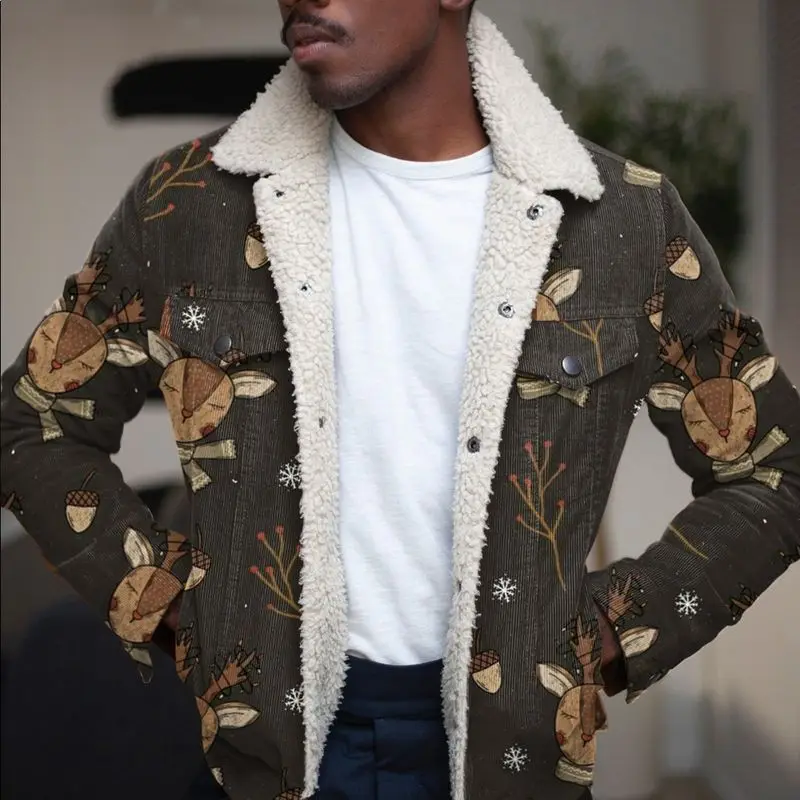 

Мужская осенне-зимняя куртка с принтом лося и снежинок, свободная плюшевая куртка с длинным рукавом, ягненок, мужское модное пальто, мужская...
