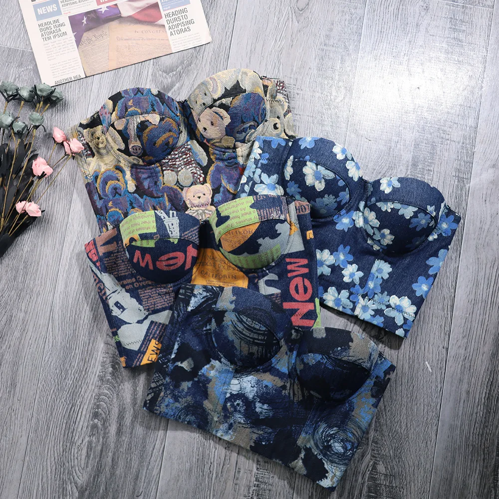 

Miingstyle 2022 Spring Halter Strap Denim Print Camisole Female Outer Wear Sexy Vest Short Top Slim Tube Top