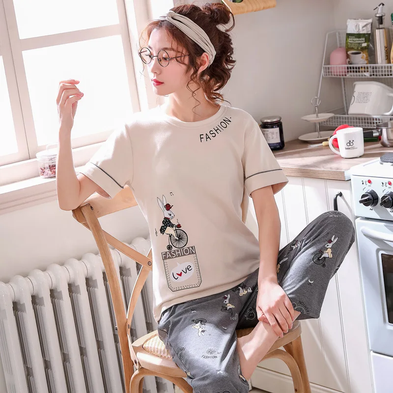 Женские пижамные комплекты из хлопка, рубашки с коротким рукавом и штаны, пижамный комплект с принтом животных, одежда для сна, женская сексуальная летняя домашняя одежда - Цвет: 6