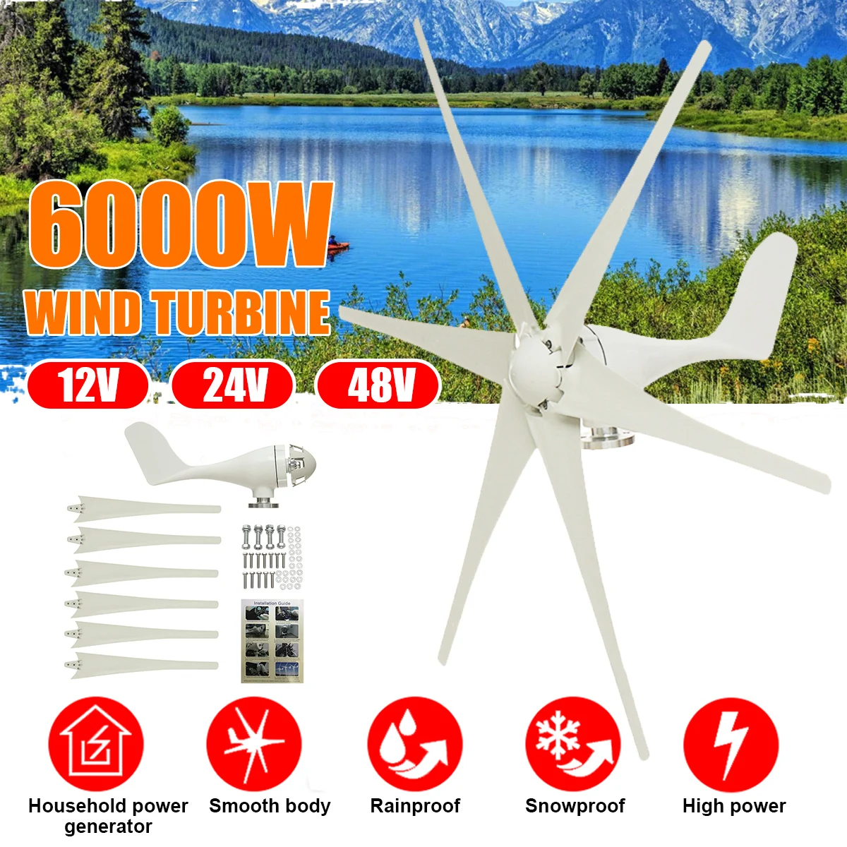 6000W 12V/24V/48V Сменные кассеты-6 шт. горизонтальный ветрогенератор ветровой турбины