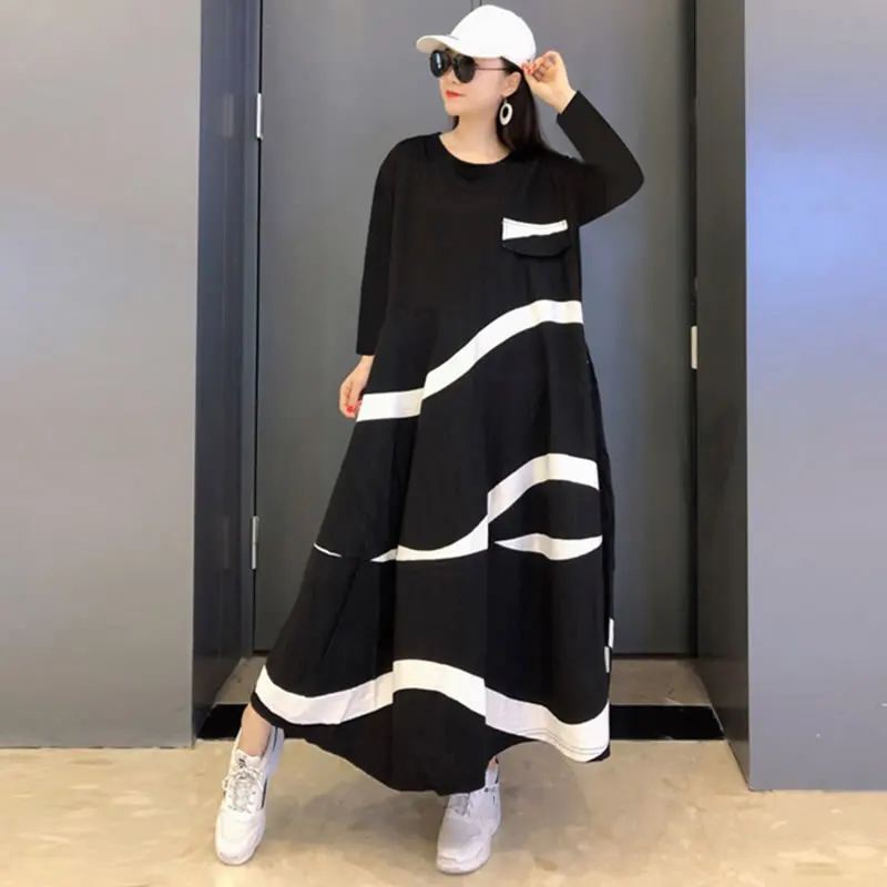 XITAO элегантное Полосатое платье средней длины в стиле пэчворк с круглым вырезом и