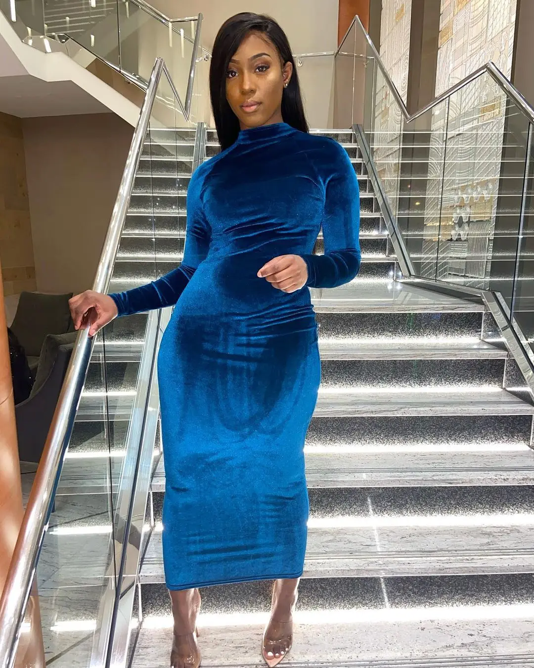 

Echoine Solid Zipper Skinny Long Dress Velvet Autumn Bodycon Vintage Vestidos Party Night Club Birthday Dresses Sexy Fall Cloth