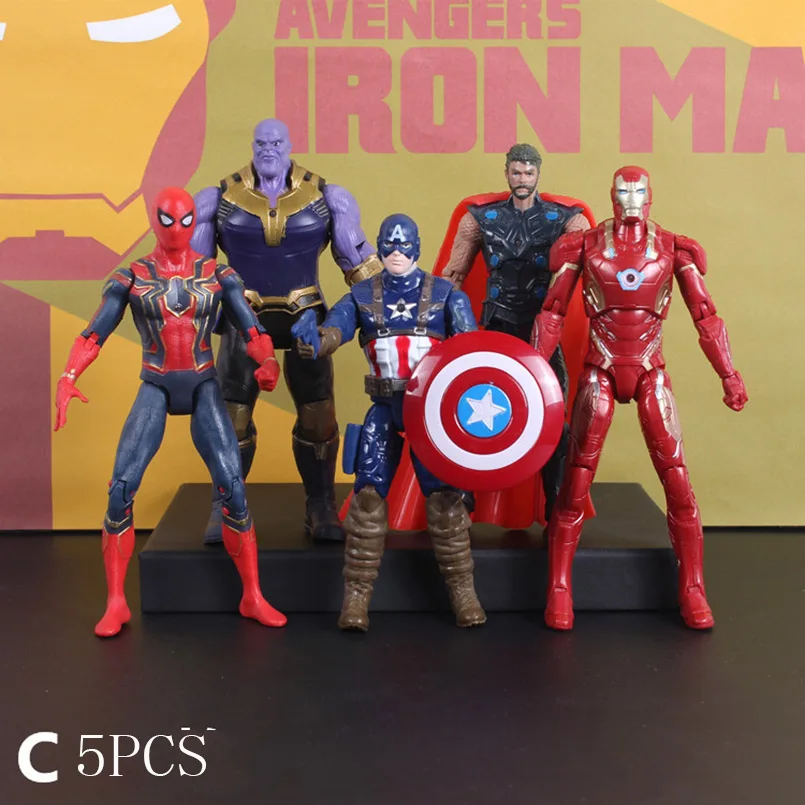 C5pcs 7 шт./компл. Мстители Капитан Америка Venom танос «Человек-паук»; «Дэдпул»; Железный человек из ПВХ, движущаяся фигурка, Железный человек Коллекционная модель игрушки - Цвет: C5pcs