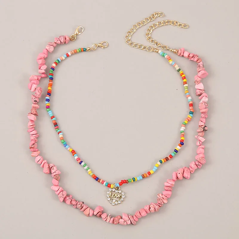 

Ant Angel Bohemian Style Colorful Beaded Inlaid Rhinestone Heart-shaped Love Pendant Necklace Red Irregular Stone Chain Necklace