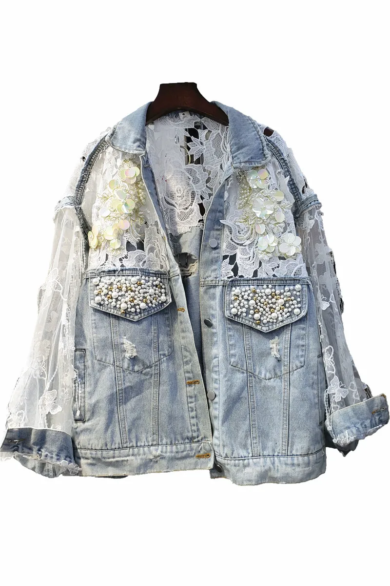 

2021 Spring New Women's Clothing Fashion Beads Color Matching Lace Hollow Out Lapel Denim Jacket Holes Cowboy Coat Femme Jackets