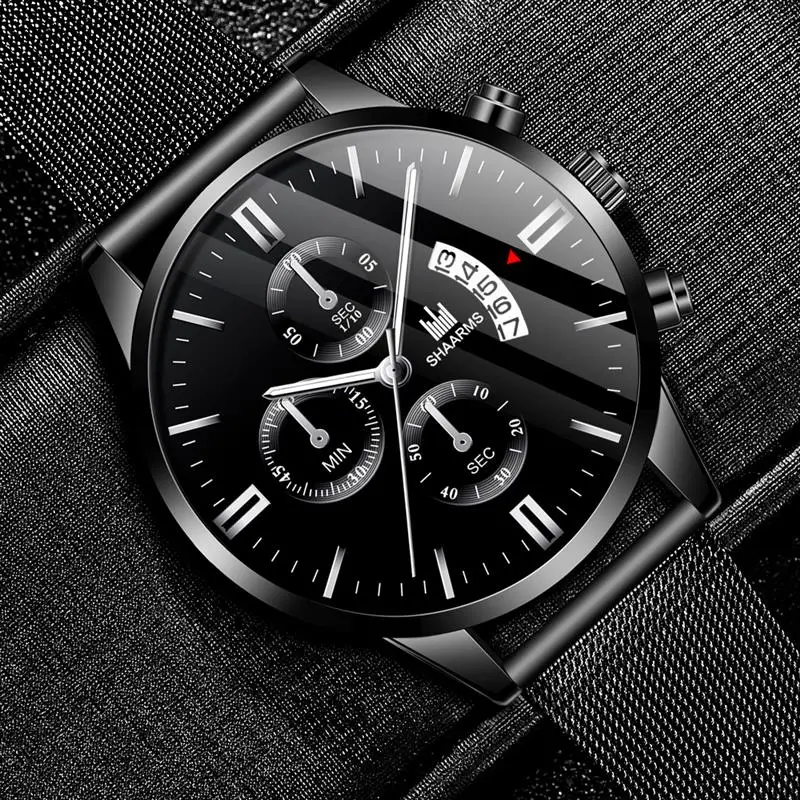 SHAARMS мужские модные часы ультра тонкий сетчатый ремешок Календарь кварцевые