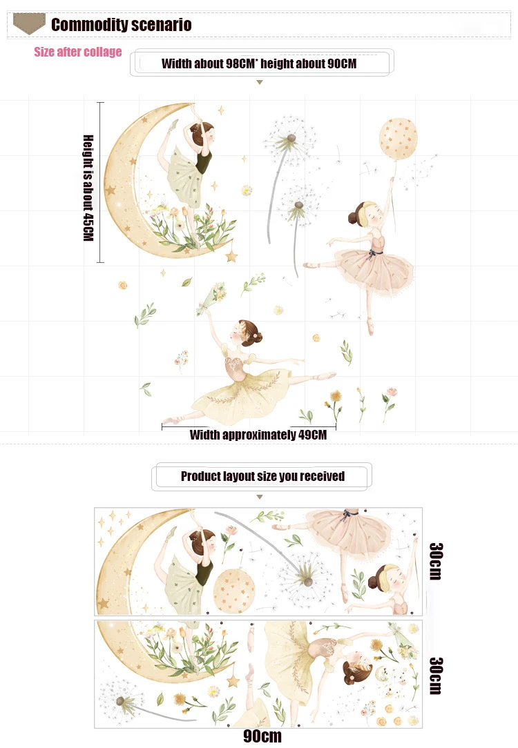 

Watercolor moon star stickers dance room decoration children's room princess self-adhesive paper bedroom dandelion wall stickers