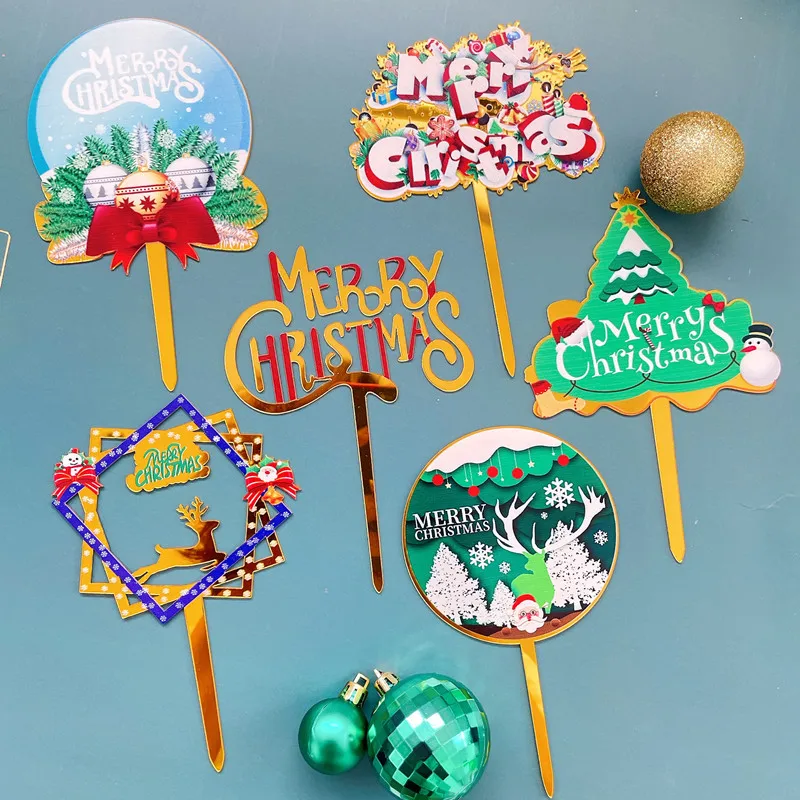

New Merry Christmas Baking Cake Toppers Color Printing Card Party Elk Snowflake Santa Tree Party Dessert Cupcake Baking Supplies