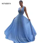 Шифоновое платье подружки невесты с глубоким V-образным вырезом, длинные небесно-голубые свадебные платья, женское летнее платье