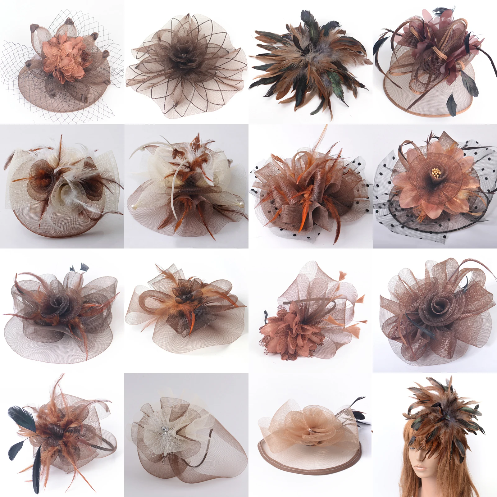

15design Women Brown Handamde Feather Fascinators Hat Hair Clip Band Veil Lace Flower Hairpieces Wedding Party Accessory