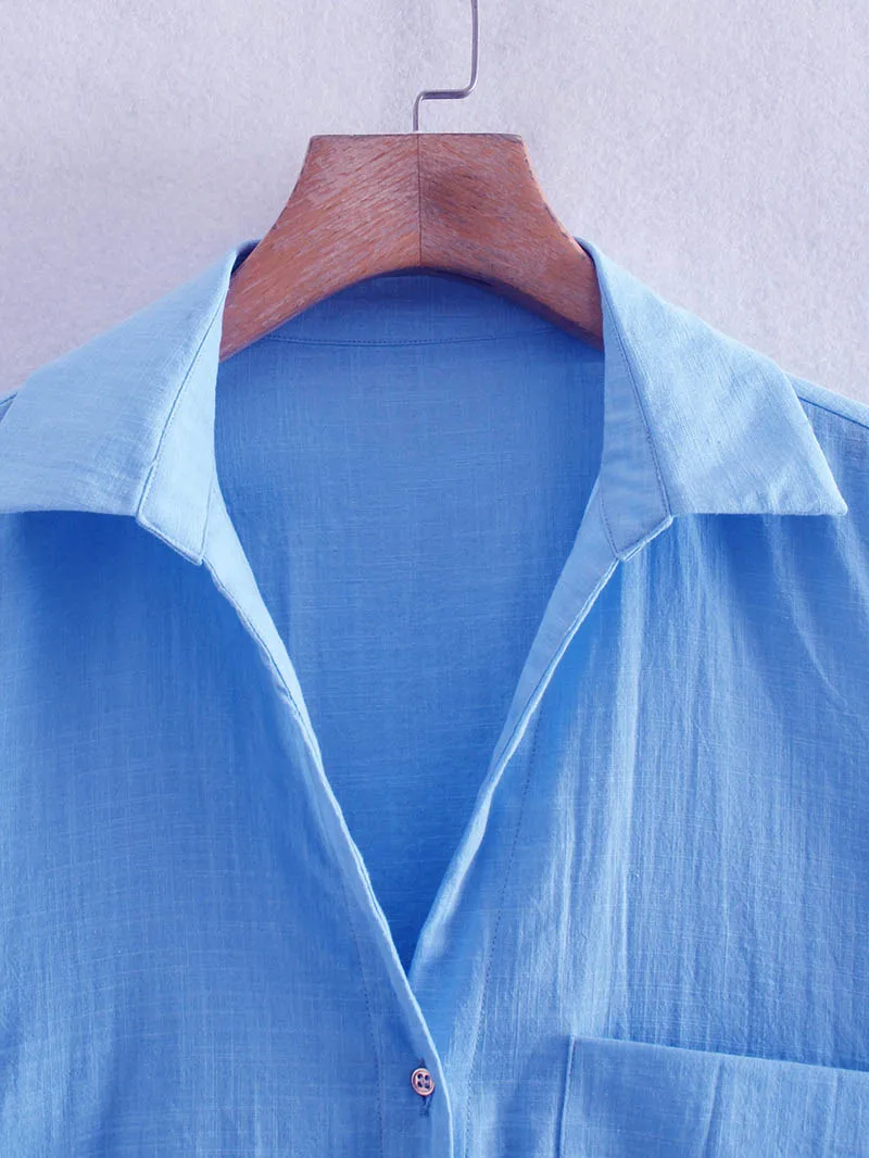 Блузка женская льняная в европейском стиле с длинными рукавами и карманами