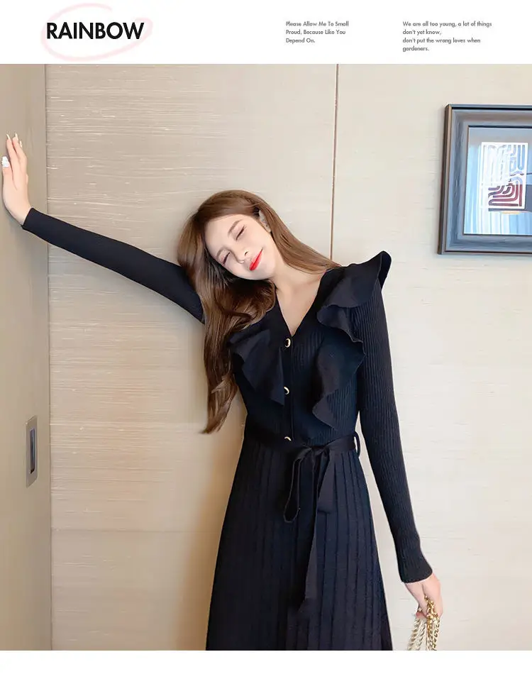

New Autumn Winter Women's V-neck Ruffles Knit Dress Fashion Sexy Long Sleeve Solid Belt Ladies Dresses Black Red