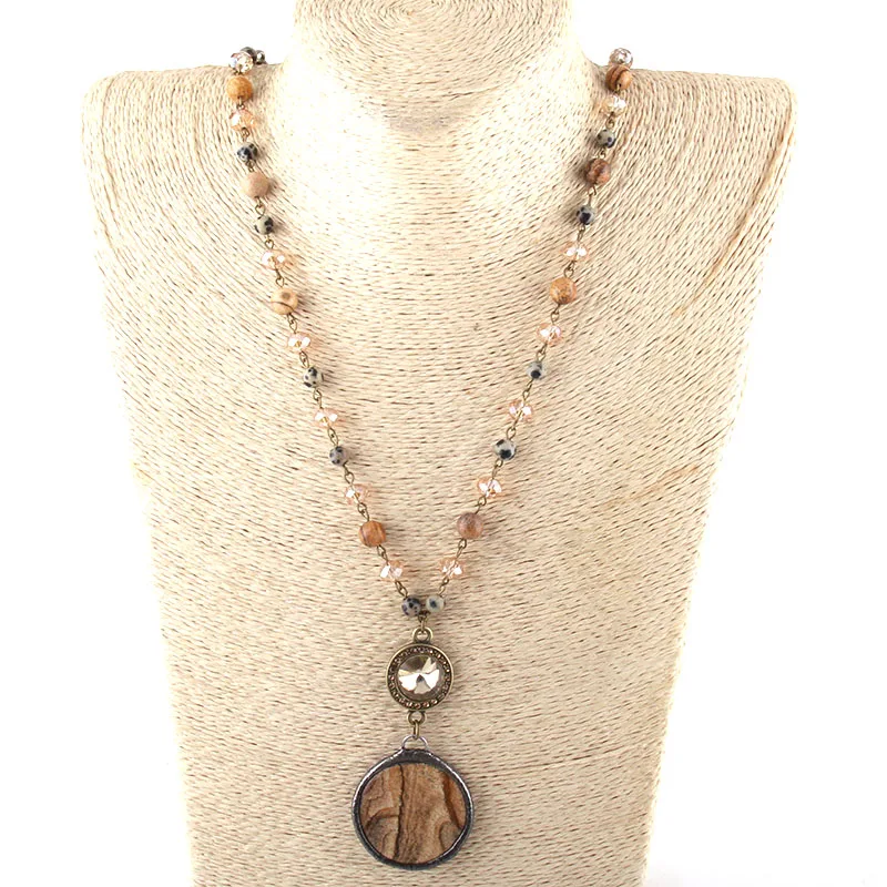 Fashion Bohemian Tribal Jewelry Antique Stone Glass Chain Crystal Links Round Stone Pendant Long Necklaces