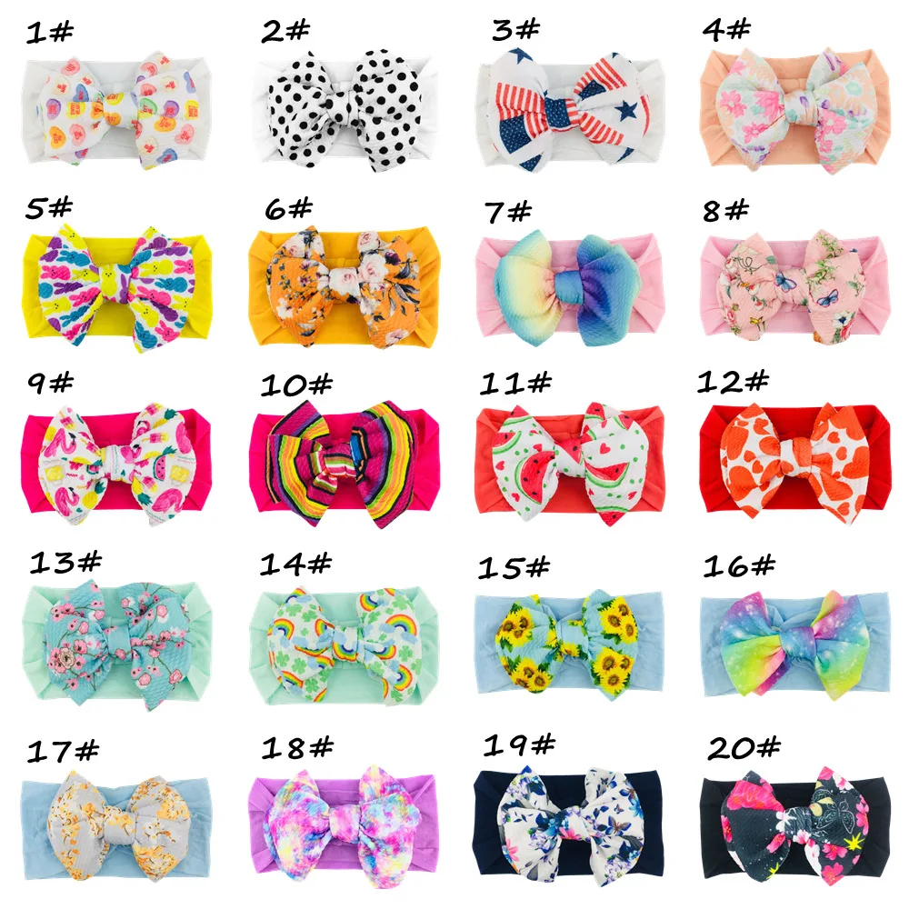 

20 Pcs/Lot, Printed Big Bow Baby Nylon Headbands, Wide Nylon Turban Headwraps Baby Toddlers Hair Accessories