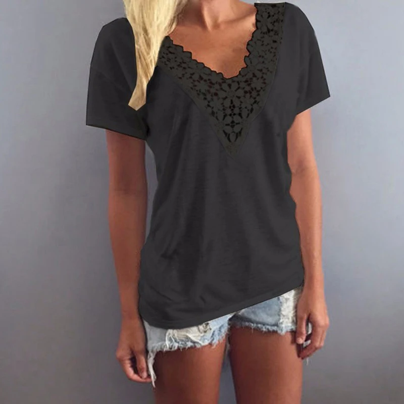 Повседневная Женская футболка с коротким рукавом кружевная обрезная одежда