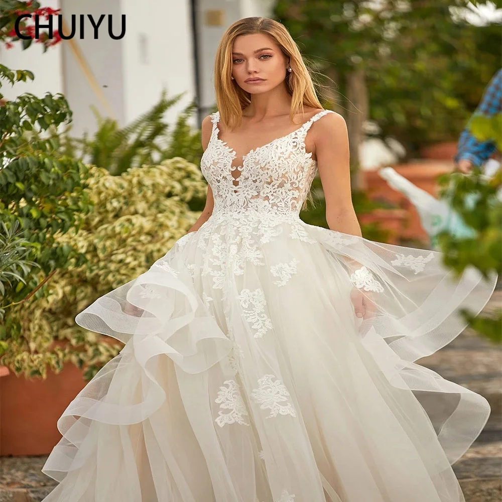 

HERBURNL Elegant Tulle A Line V Neck Spaghetti Strap Appliqued Lace Wedding Gown Dresses Long Backless For Women Party Evening