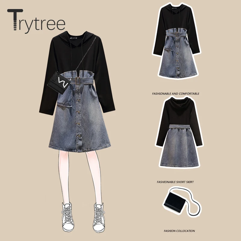 Trytree 2020 весеннее женское Повседневное платье с капюшоном на шнуровке черное