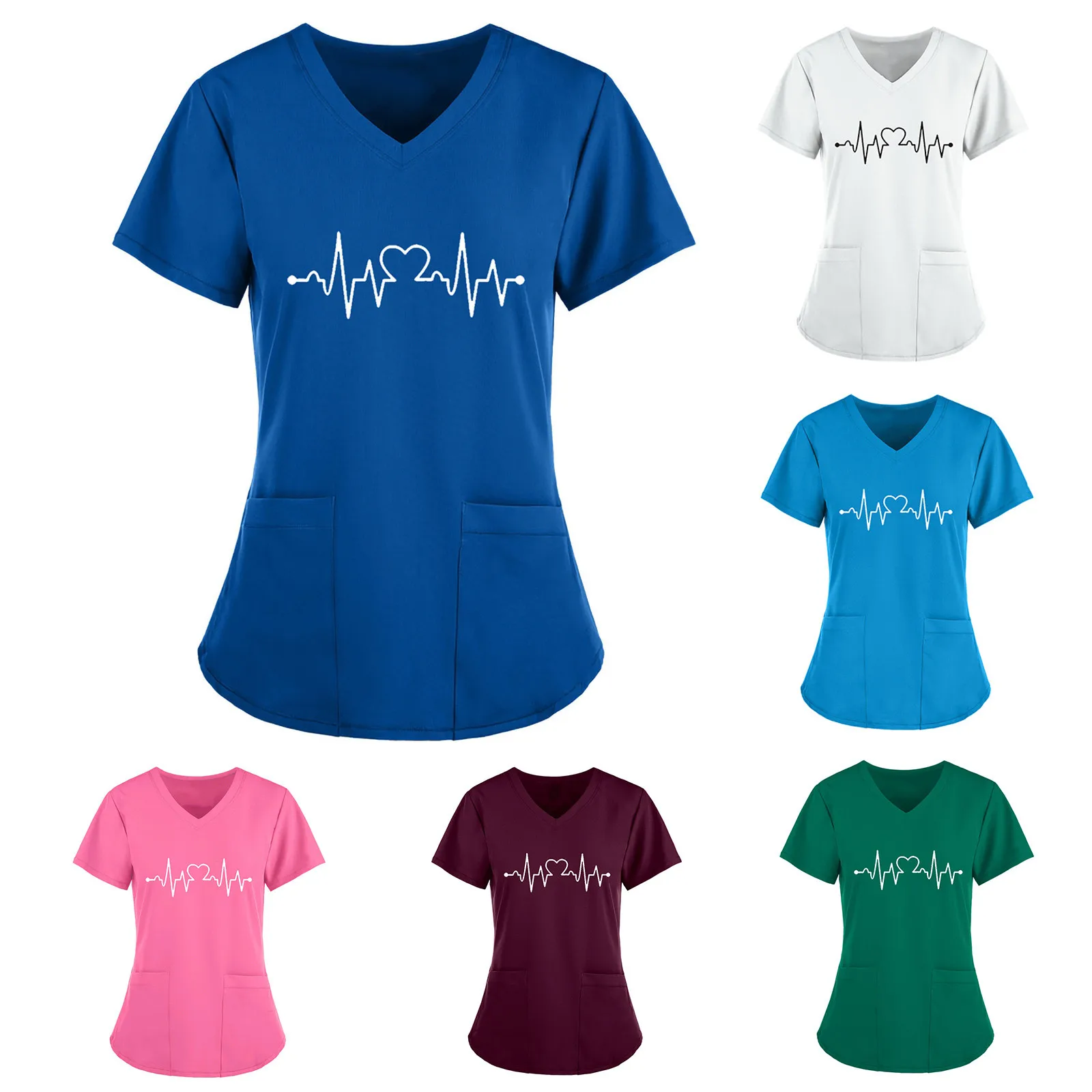 

Nurse Uniform Women Short Sleeve V-neck Print Tops Work Uniform Solid Color Pocket Fashion T-Shirts S-5XL q5