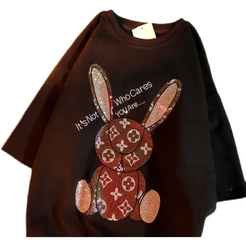 

Cotton 2021 Super Fire Rabbit Plus Size T-shirt Women's Heavy Industry Hot Water Drill Short Sleeve Fashion Loose Ladies T-shirt