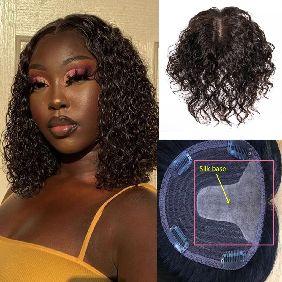 Natural Black Human Hair Toupee For Women Machine Made Silk base Middle Part Replacement Curly  with Clips For Less Hair