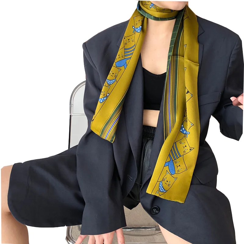 

New 2021 Fashion Cats 100% Real Silk Scarf Luxury Scarves Women Female Shawl High Quality Print Long Hijab Pashmina Foulard
