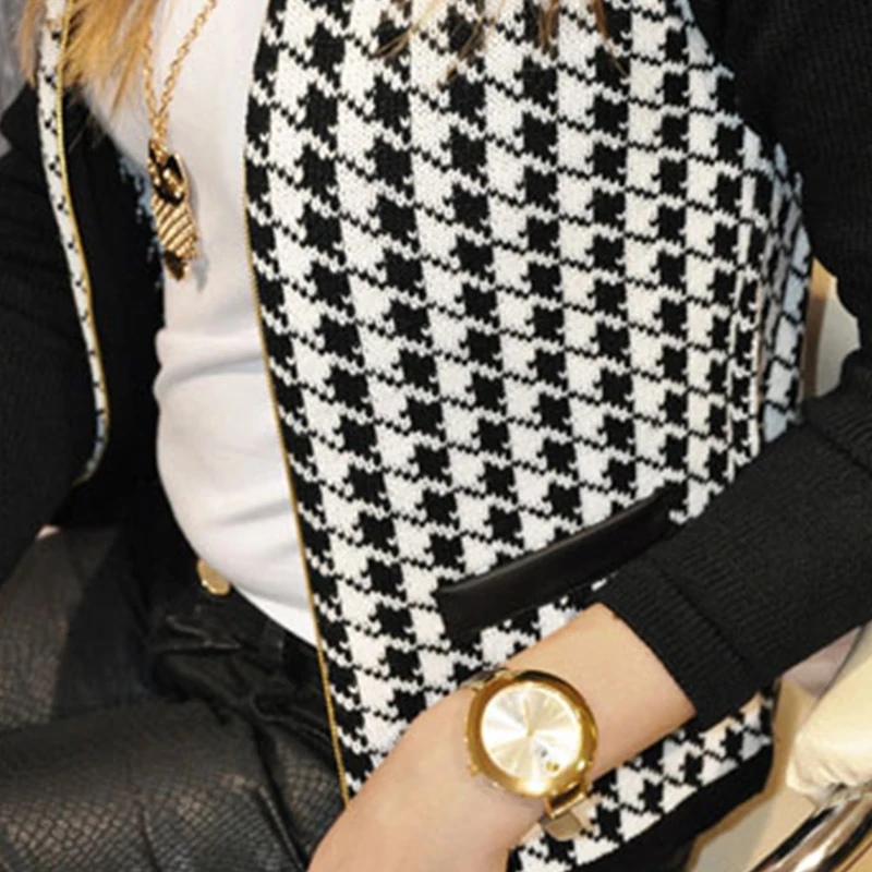 

Women 2021 Autumn Winter Black Color Block Houndstooth Suit Blazer Coat Short Zipper Long Sleeve Jacket Outwear Casual Tops