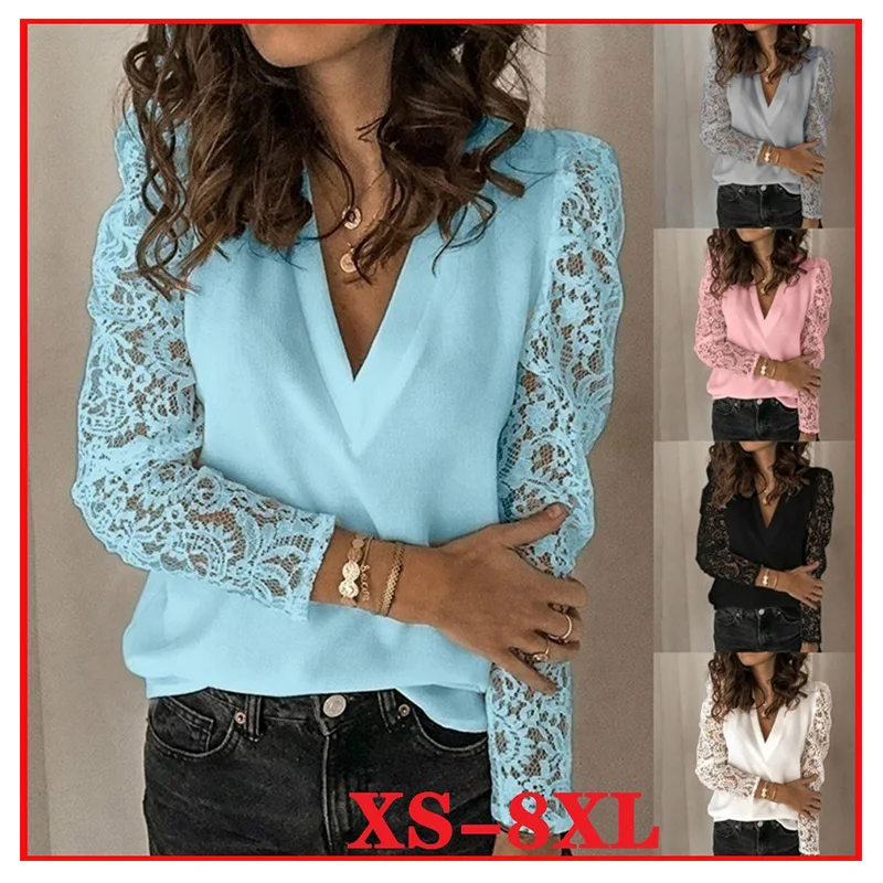

Women's V Neck Tshirts Casual Solid Color Lace Tops Long Sleeves Chiffon Plus Size T-Shirt Loose Pullover Women Clothing Tunic