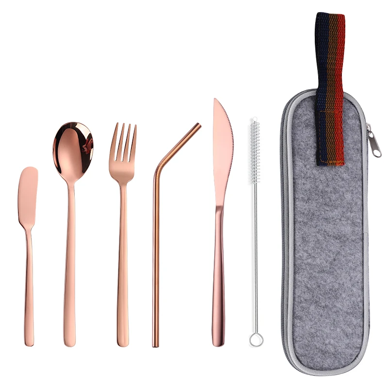 Rose Gold B Tofok 7 шт. металлический портативный набор столовых приборов столовый нож ложка Вилка палочки для еды набор щеточек многоразовая дорожная посуда набор с сумкой - Цвет: Rose Gold B