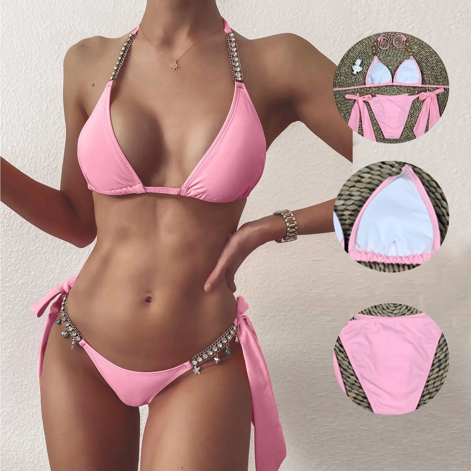 

Two Pieces Sexy Mujer Women Swimwear Women Push-up Padded Bra Rhinestone Bandage Bikini Set Swimsuit Swimwear Beach Bathing Suit