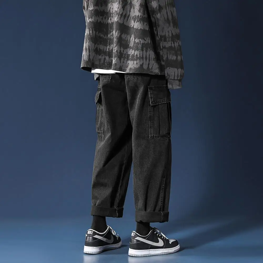 

Men Spring Autumn Vintage Jeans Washed Loose Wide Leg Pants Big Pockets Straight Cargo Pants Baggy Denim Jeans Streetwear