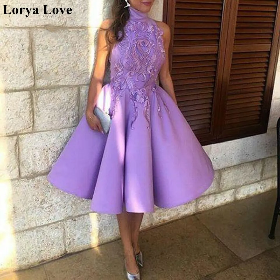 

Elegant Short Maxi Prom Dresses 2020 Women Formal Party Night Sexy Lavender Alppliques Lace Vestidos Summer Satin Evening Dress
