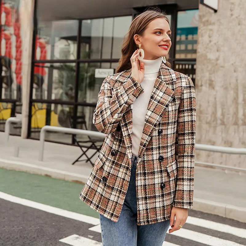 

Simplee Elegant autumn winter plaid women blazer coat Causal long sleeve tweed coat short Office ladies pocket women suit blazer