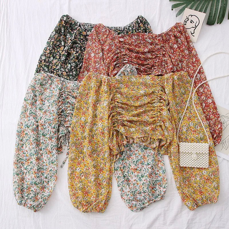 

Women Blouses Sexy Floral Slash Neck Blouse Top Pleated Drawstring Small Fresh Shirt Long Sleeve Chiffon Shirts One Size