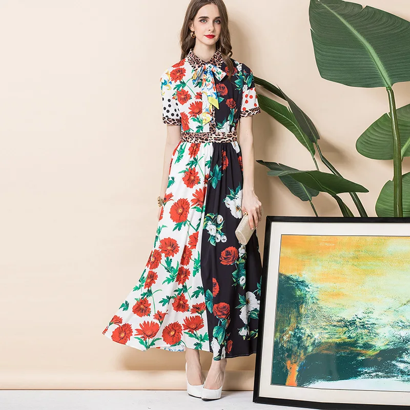 

Женское винтажное платье в стиле пэчворк Runways, летнее высококачественное платье с цветочным принтом, поясом и короткими рукавами, B478, 2021