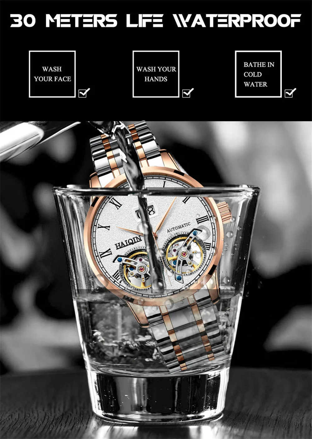 HAIQIN Men Mechanical Automatic Double Tourbillon Calendar Stainless Steel Wrist Watches Top Brand Luxury Military Male Clock