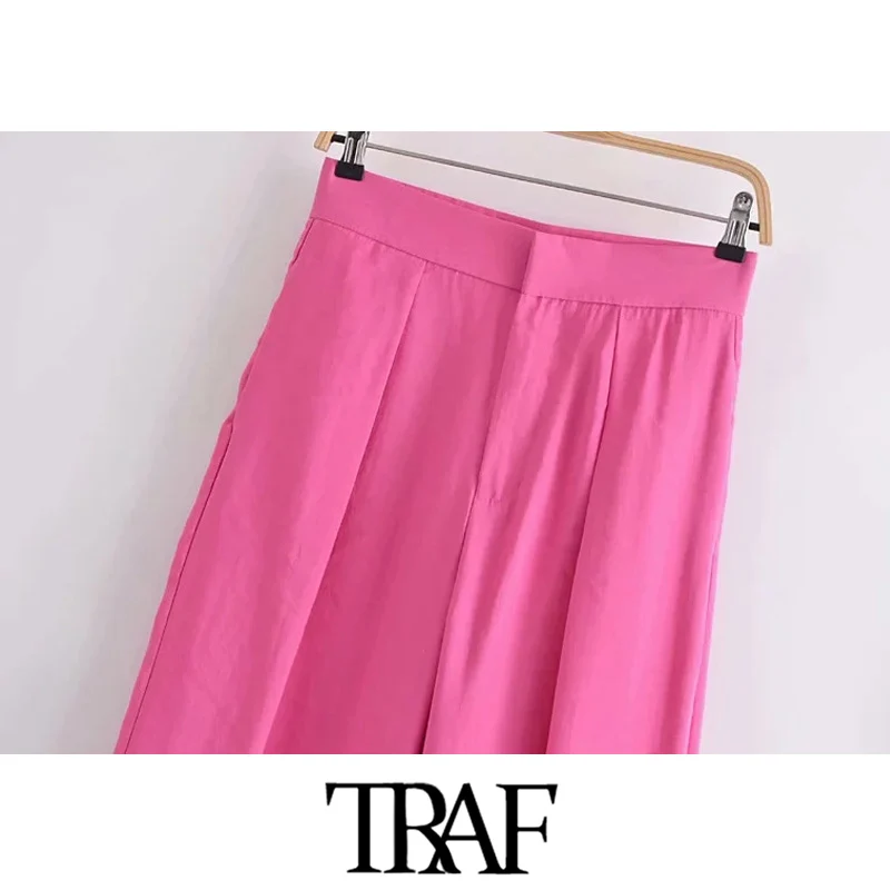 Брюки женские TRAF с боковыми карманами широкие высокой талией на молнии |